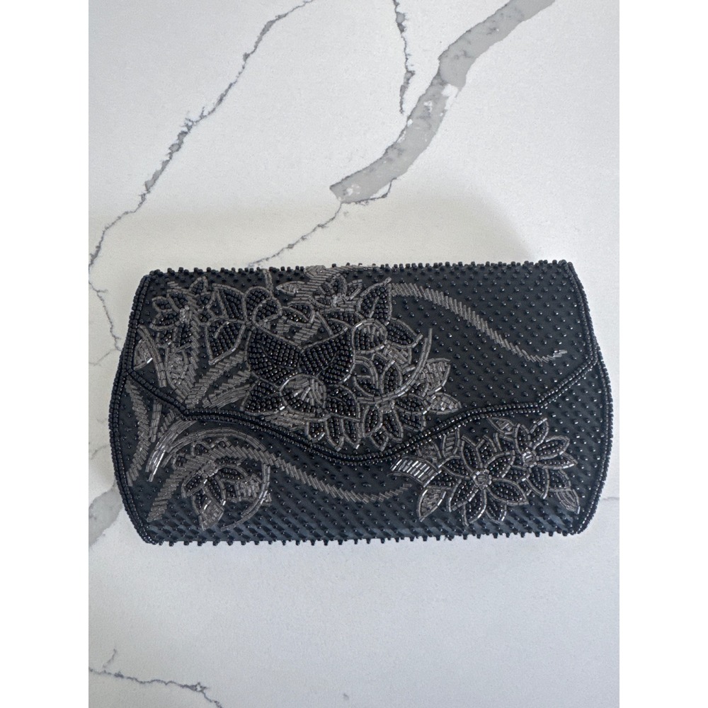 Vintage Black Beaded Floral Clutch Evening Bag Handbag Formal Wedding Accessory